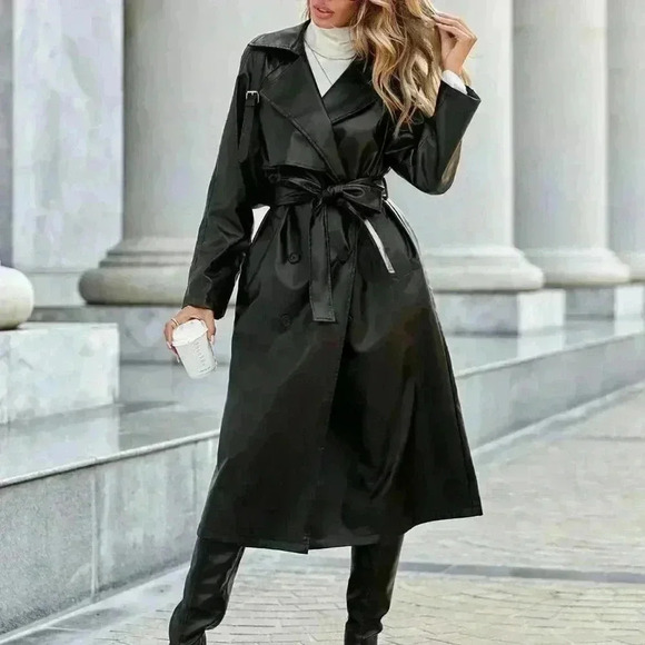 Black Casual Women's Lapel Neck Double Breasted Belted Pu Leather Coat - Picture 1 of 7